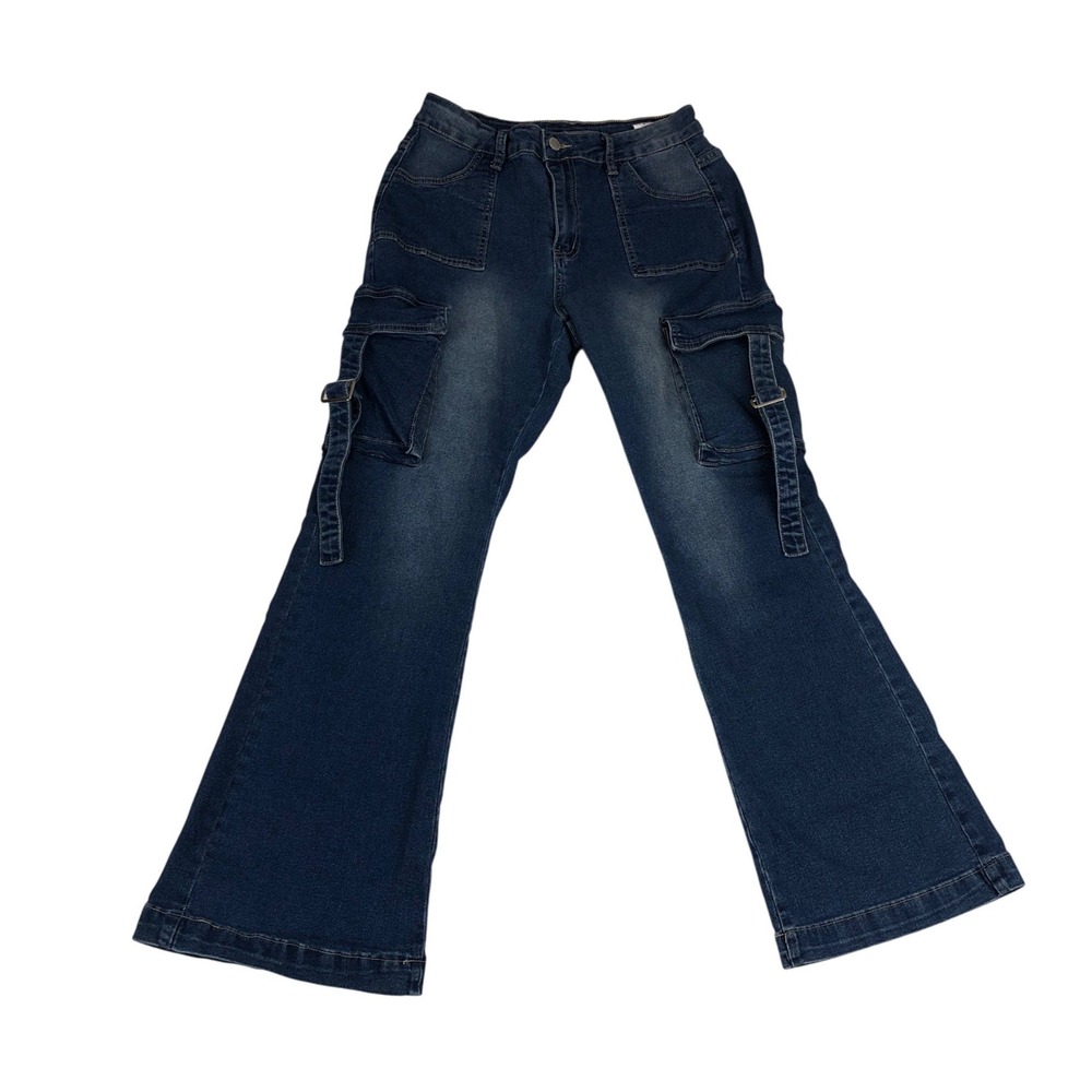 Shein Womens Petite L Dark Wash Denim Cargo Flare‎ Jeans Buckle Strap Blue Retro